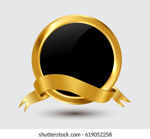 Glossy label with golden ribbon.Vector luxury badge design.