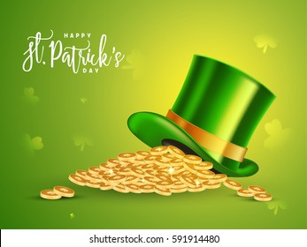 Glossy Leprechaun Hat with Gold Coins on shamrock leaves decorated green background for Happy St. Patrick's Day celebration.