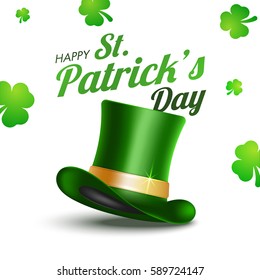 Glossy Leprechaun Hat on shamrock leaves decorated background for Happy St. Patrick's Day celebration.