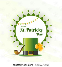 Glossy leprechaun hat with smoking pipe and clover leaf illustration for St. Patrick's Day greeting card design.