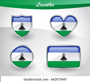 Glossy Lesotho flag icon set with shield, heart, circle and rectangle shapes in silver frame. Vector illustration.