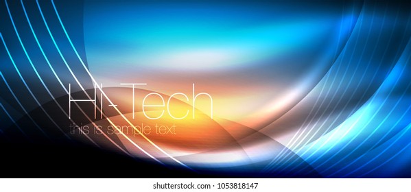 Glossy light effect neon glowing waves, shiny lights. Digital techno futuristic abstract background, vector illustration