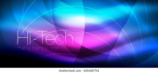 Glossy light effect neon glowing waves, shiny lights. Digital techno futuristic abstract background, vector illustration
