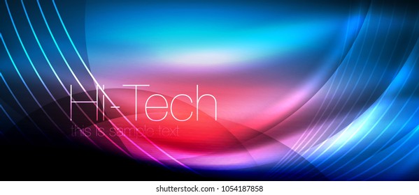 Glossy light effect neon glowing waves, shiny lights. Digital techno futuristic abstract background, vector illustration