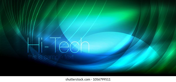 Glossy light effect neon glowing waves, shiny lights. Digital techno futuristic abstract background, vector illustration