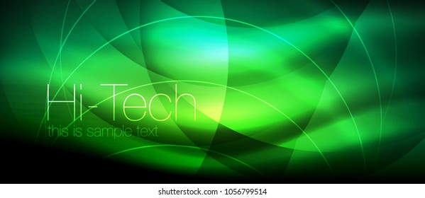 Glossy light effect neon glowing waves, shiny lights. Digital techno futuristic abstract background, vector illustration