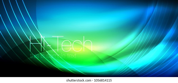 Glossy light effect neon glowing waves, shiny lights. Digital techno futuristic abstract background, vector illustration