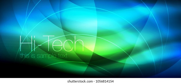 Glossy light effect neon glowing waves, shiny lights. Digital techno futuristic abstract background, vector illustration