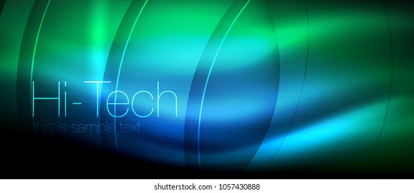 Glossy light effect neon glowing waves, shiny lights. Digital techno futuristic abstract background, vector illustration