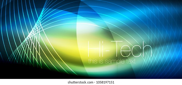 Glossy light effect neon glowing waves, shiny lights. Digital techno futuristic abstract background, vector illustration