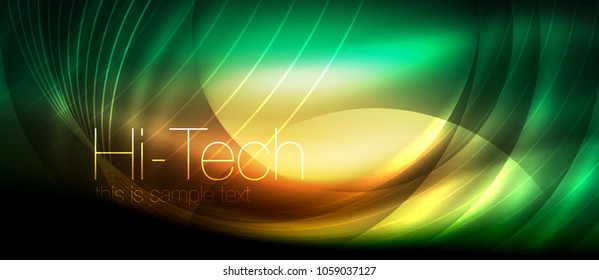 Glossy Light Effect Neon glühende Wellen, glänzende Lichter. Digitaler Techno-futuristischer abstrakter Hintergrund, Vektorgrafik