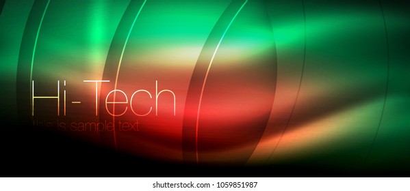 Glossy light effect neon glowing waves, shiny lights. Digital techno futuristic abstract background, vector illustration