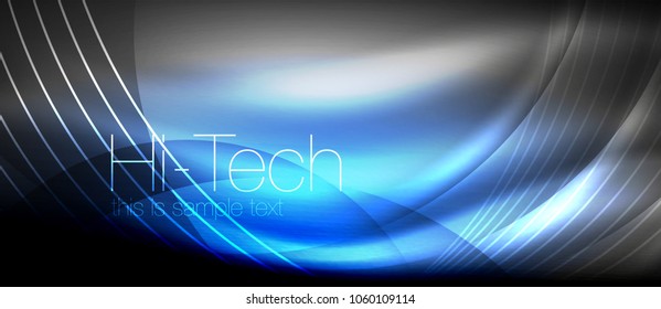 Glossy light effect neon glowing waves, shiny lights. Digital techno futuristic abstract background, vector illustration