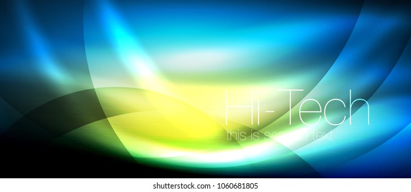 Glossy light effect neon glowing waves, shiny lights. Digital techno futuristic abstract background, vector illustration
