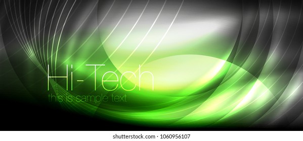 Glossy light effect neon glowing waves, shiny lights. Digital techno futuristic abstract background, vector illustration