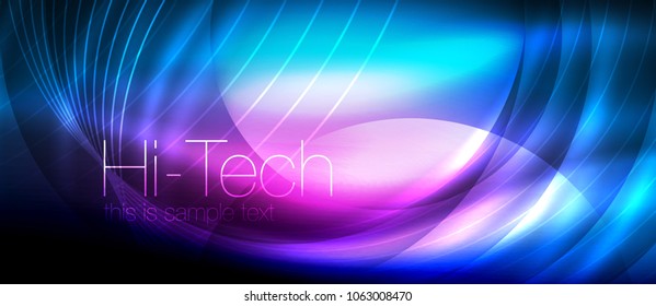 Glossy light effect neon glowing waves, shiny lights. Digital techno futuristic abstract background, vector illustration
