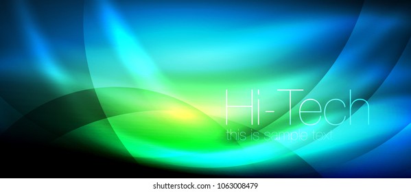Glossy light effect neon glowing waves, shiny lights. Digital techno futuristic abstract background, vector illustration