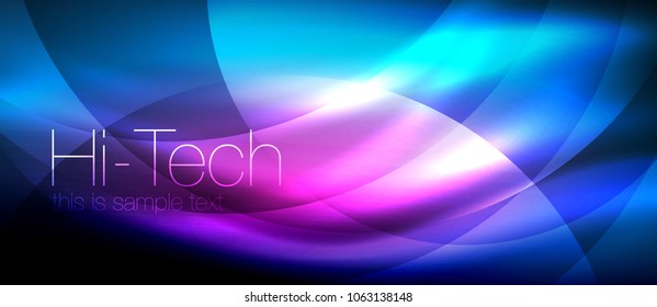 Glossy light effect neon glowing waves, shiny lights. Digital techno futuristic abstract background, vector illustration