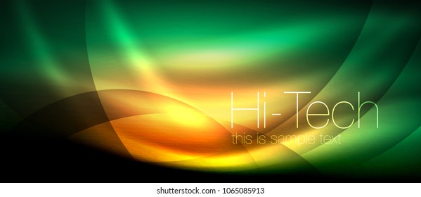 Glossy light effect neon glowing waves, shiny lights. Digital techno futuristic abstract background, vector illustration