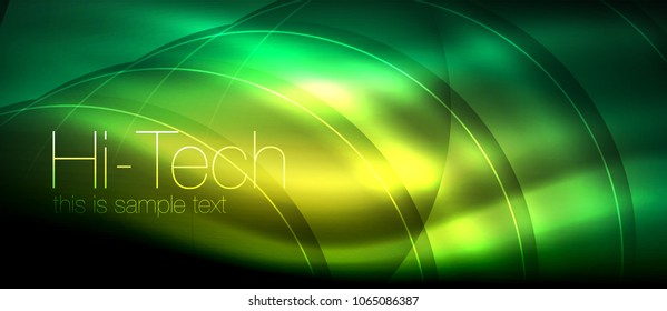 Glossy light effect neon glowing waves, shiny lights. Digital techno futuristic abstract background, vector illustration