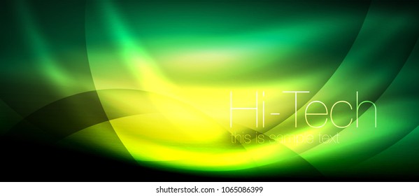 Glossy light effect neon glowing waves, shiny lights. Digital techno futuristic abstract background, vector illustration