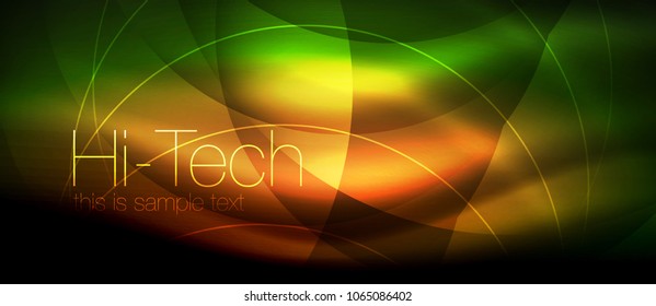 Glossy light effect neon glowing waves, shiny lights. Digital techno futuristic abstract background, vector illustration