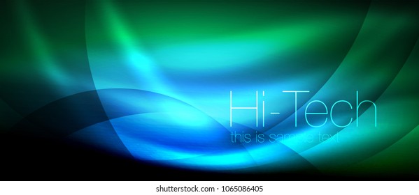 Glossy light effect neon glowing waves, shiny lights. Digital techno futuristic abstract background, vector illustration