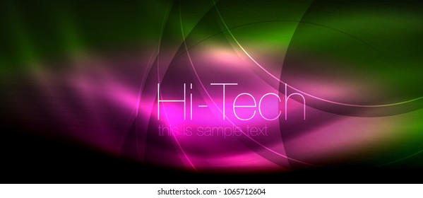 Glossy light effect neon glowing waves, shiny lights. Digital techno futuristic abstract background, vector illustration