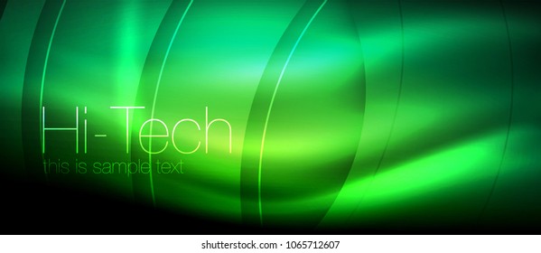 Glossy light effect neon glowing waves, shiny lights. Digital techno futuristic abstract background, vector illustration