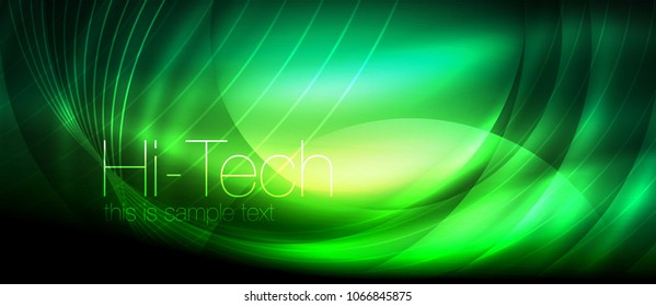 Glossy light effect neon glowing waves, shiny lights. Digital techno futuristic abstract background, vector illustration
