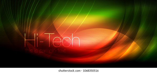 Glossy light effect neon glowing waves, shiny lights. Digital techno futuristic abstract background, vector illustration