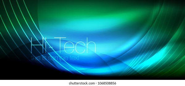 Glossy light effect neon glowing waves, shiny lights. Digital techno futuristic abstract background, vector illustration