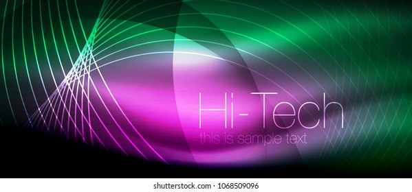 Glossy light effect neon glowing waves, shiny lights. Digital techno futuristic abstract background, vector illustration