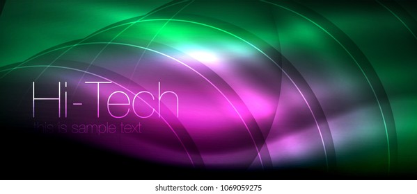 Glossy light effect neon glowing waves, shiny lights. Digital techno futuristic abstract background, vector illustration