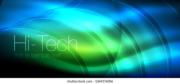 Glossy light effect neon glowing waves, shiny lights. Digital techno futuristic abstract background, vector illustration