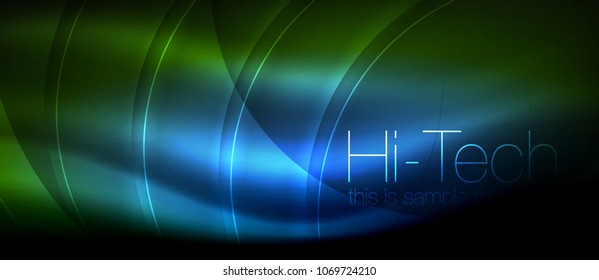Glossy light effect neon glowing waves, shiny lights. Digital techno futuristic abstract background, vector illustration