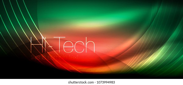 Glossy light effect neon glowing waves, shiny lights. Digital techno futuristic abstract background, vector illustration