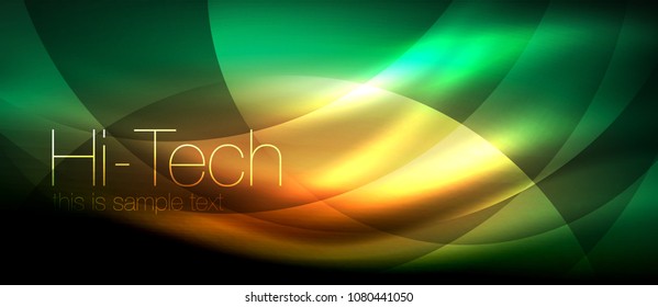 Glossy light effect neon glowing waves, shiny lights. Digital techno futuristic abstract background, vector illustration