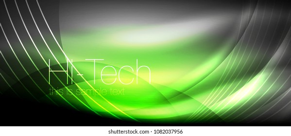 Glossy light effect neon glowing waves, shiny lights. Digital techno futuristic abstract background, vector illustration