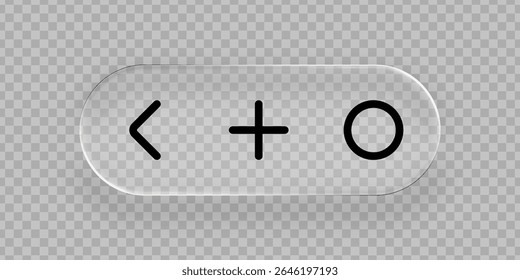 Glossy liquid glass button with back, plus, and circle symbols. UI element for transparent user interface design.