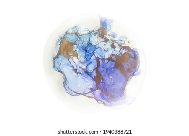 flüssig glänzende Tinte, abstrakter Hintergrund auf Golden, Blau und violett in runder Form