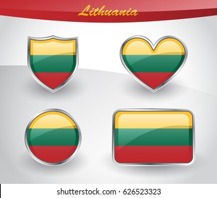 Glossy Lithuania flag icon set with shield, heart, circle and rectangle shapes in silver frame. Vector illustration.
