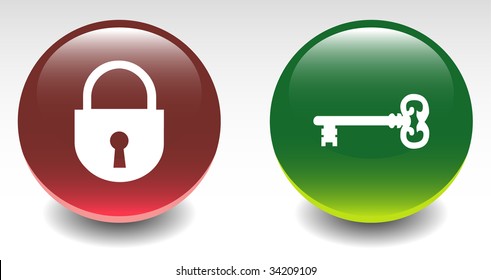 Glossy Lock & Key Sign Icons