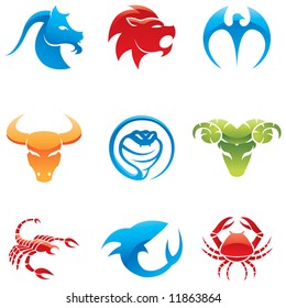 Glossy logos of 9 different animals in various colors