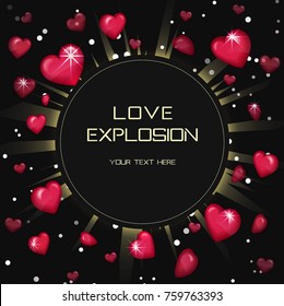 Glossy love hearts light beam lens flare explosion card template. Flying red heart shapes, blindening explosion burst with sparkles. Saint valentine love card preset.