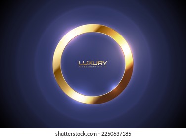 Glossy luxury circle golden frame. Border logo, name, label. Realistic gold frame, luxury purple abstract glow light waves background design. Vibration resonance motion light effect. Vector template