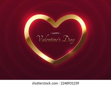 Glossy luxury heart shape gold frame. Happy Valentine's Day golden text. Valentine's day vector design illustration. Deep red abstract glow light wave background design poster, greeting card, banner