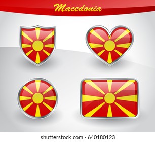 Glossy Macedonia flag icon set with shield, heart, circle and rectangle shapes in silver frame. Vector illustration.