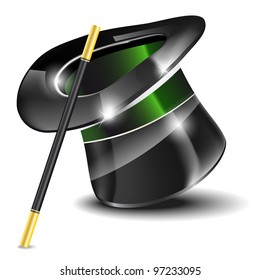 Glossy magic hat and wand on white background - vector file