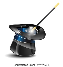 Glossy magic hat and wand on white background - vector file